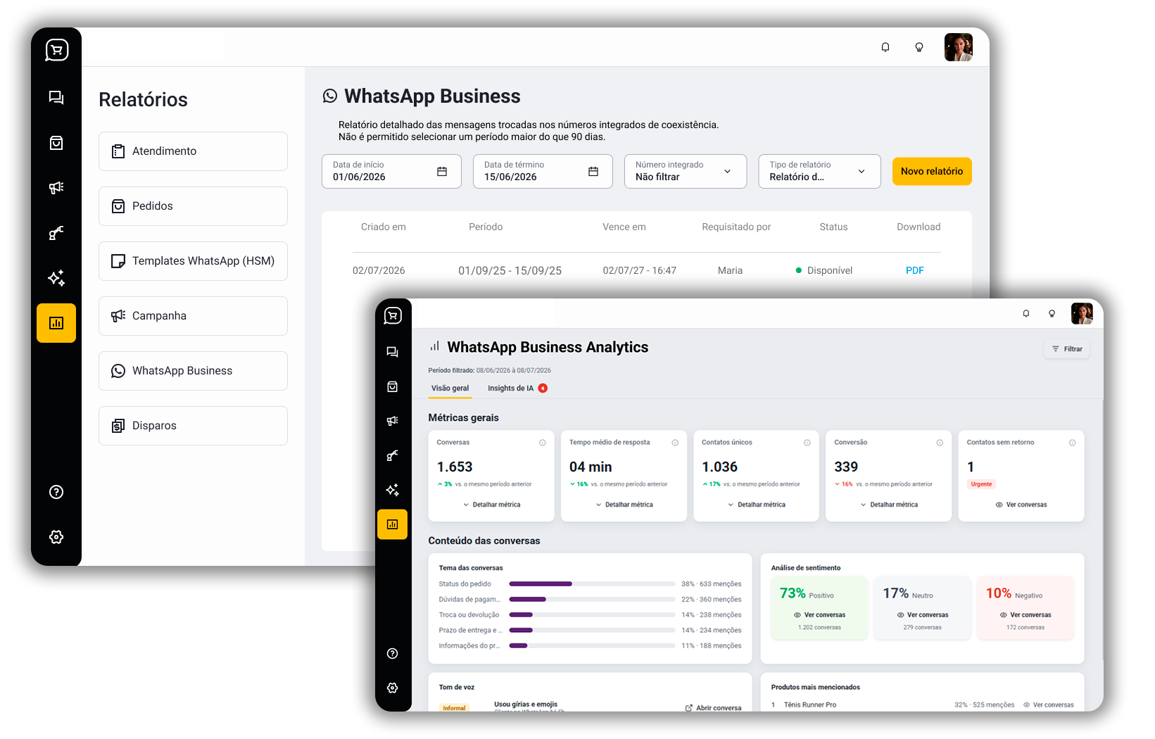 Relatórios do WhatsApp Business e painel do WhatsApp Business Analytics na plataforma OmniChat